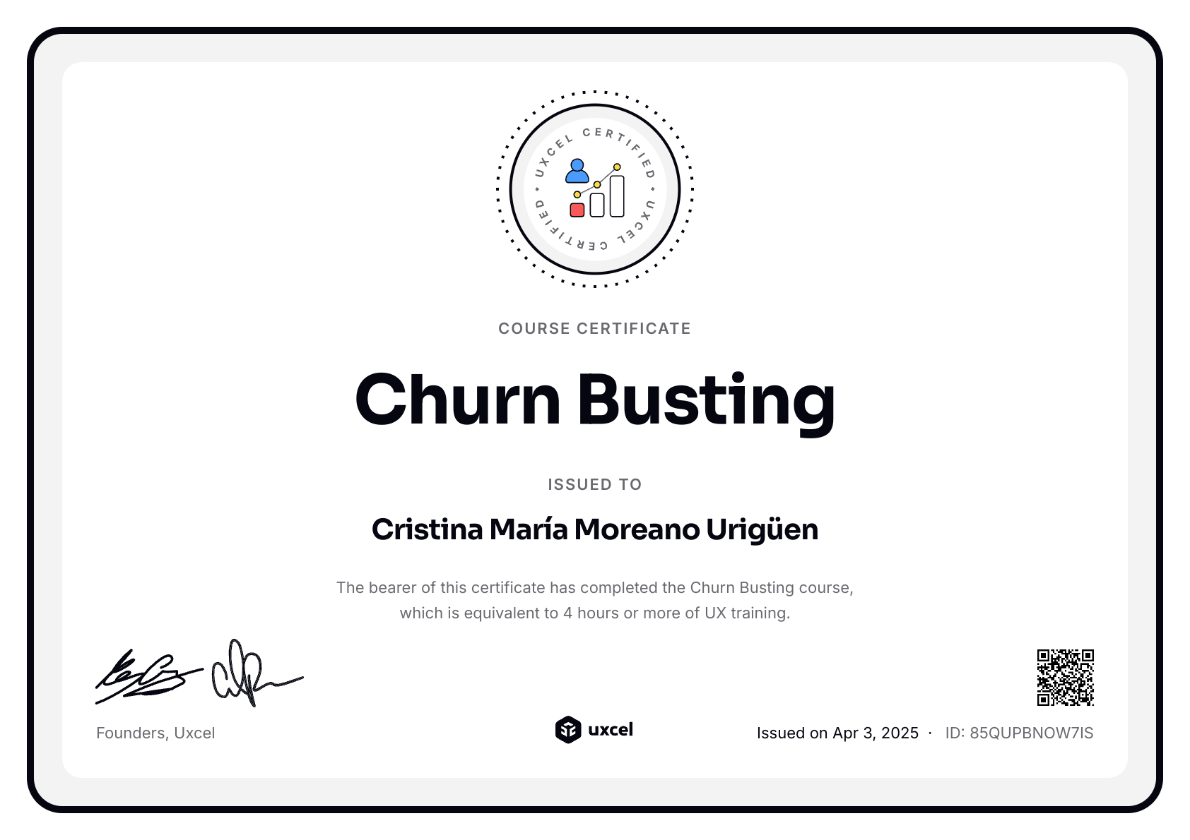 Cristina María Moreano Urigüen's certificate